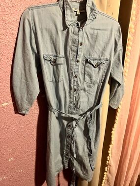 Light Wash Denim Shirt Dress with Waist Tie